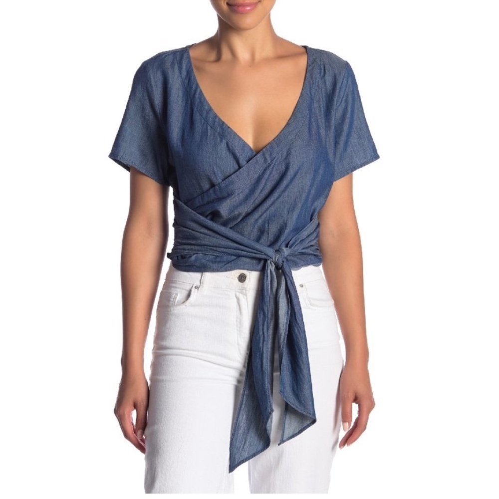 Melrose and Market Faux Wrap Denim Blouse Size Medium